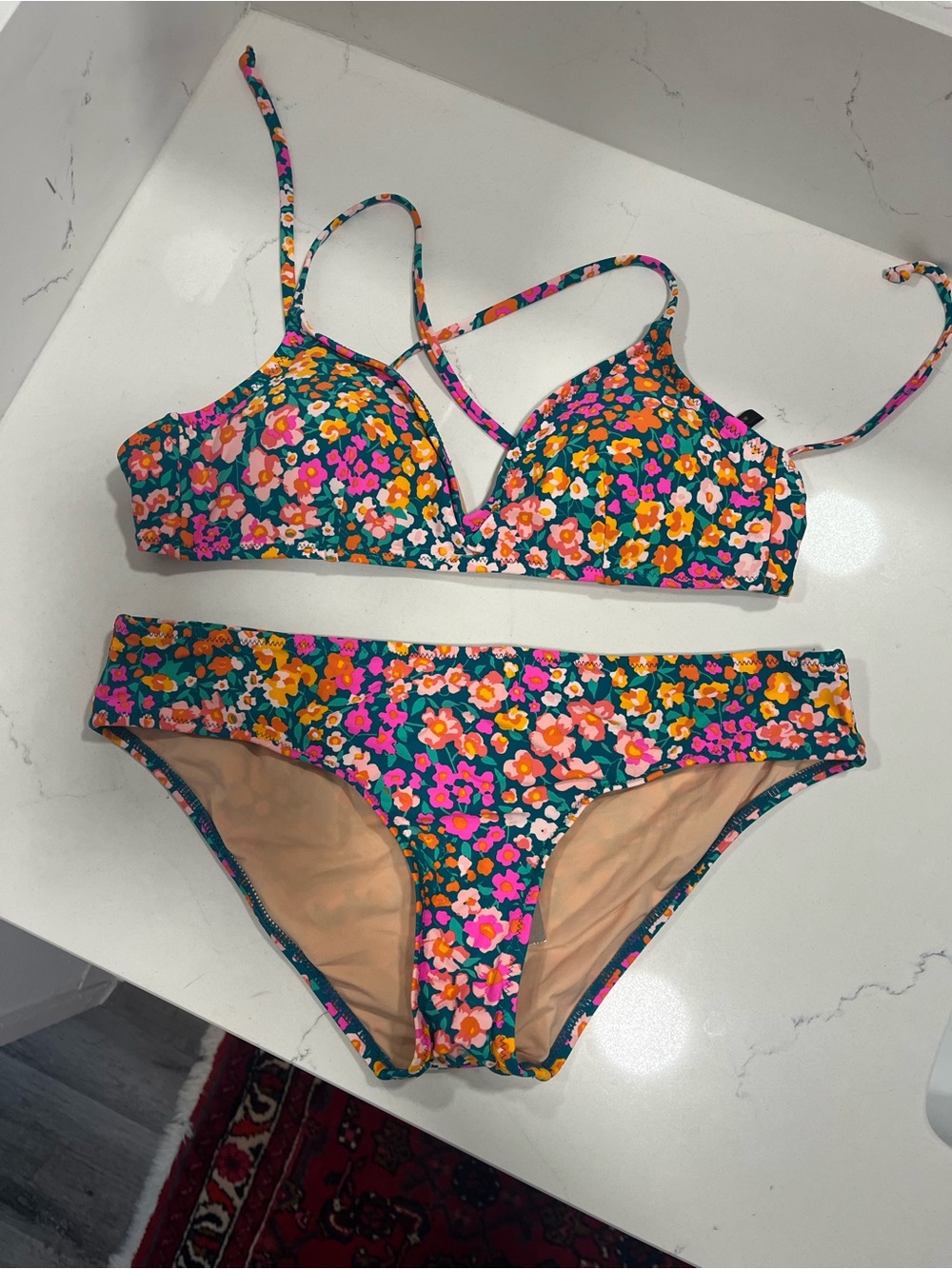 Jcrew Teal Floral Bikini Set with Pink & Orange Accents